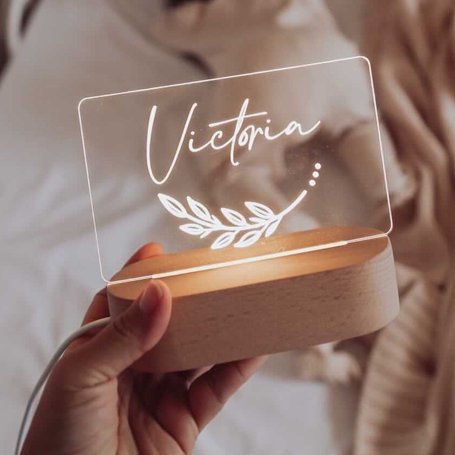 Hand holding a transparent sign with 'Victoria' and a leaf design, on a wooden base.
